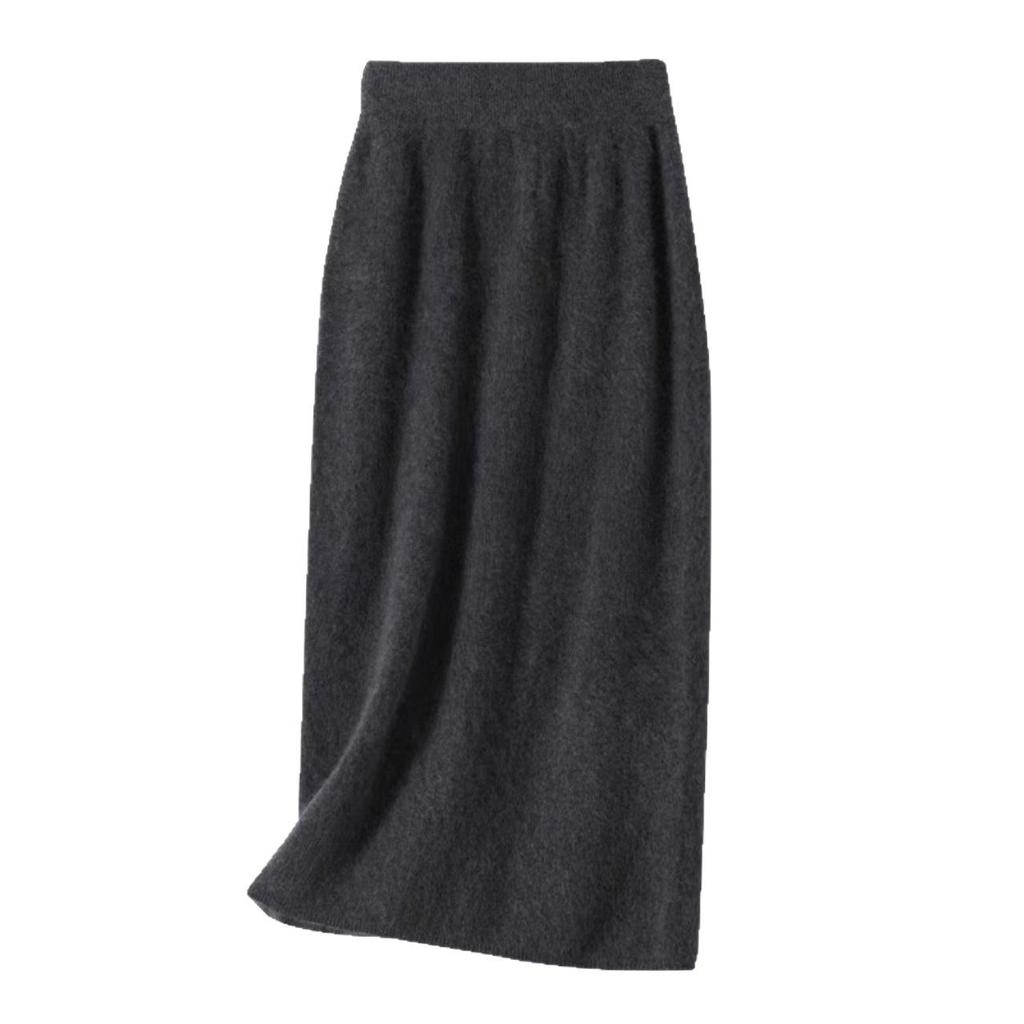 Women's Flocked Cashmere Wool Skirt: Slimming High Waist, Mid-Length, Versatile Knit, Autumn/Winter Fashion, Hip-Hugging Design.