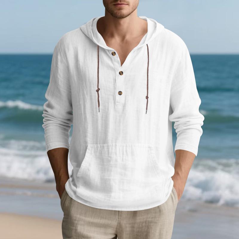 Men's Autumn Sports Casual Long-Sleeved Shirt Cotton-Linen Blend Hooded Pullover Sweatshirt Versatile Loose-Fit Beach T-Shirt