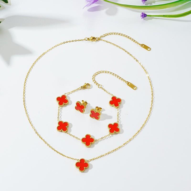 4-Piece Clover Flower Shell Jewelry Set Women - Necklace Bracelet Earrings In Titanium Steel With O-Link Chain