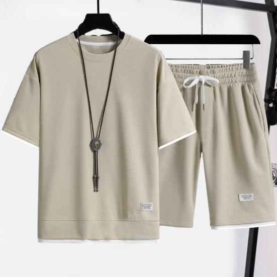 2 Pcs/Set Men Summer Tracksuit Set Casual Loose Solid Color Short Sleeves Elastic Waist Sports Drawstring Workout T-shirt Shorts Set Male Clothes