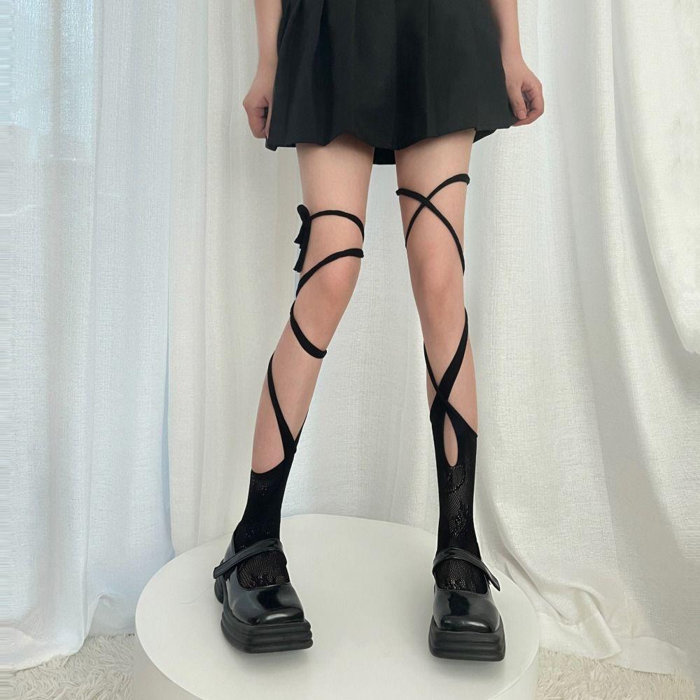 2Pairs Irregular Straps Lolita Lace Stockings Mesh Split Toe Socks JK Lace-up Stockings Ladies Girl