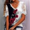 Elegantes kurzärmeliges Oberteil mit Spitzenpatchwork und Blumendruck