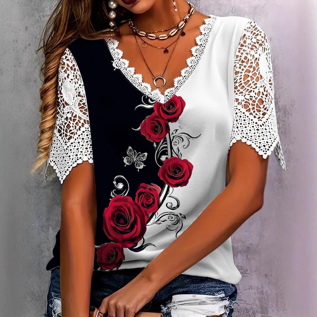 Elegantes kurzärmeliges Oberteil mit Spitzenpatchwork und Blumendruck