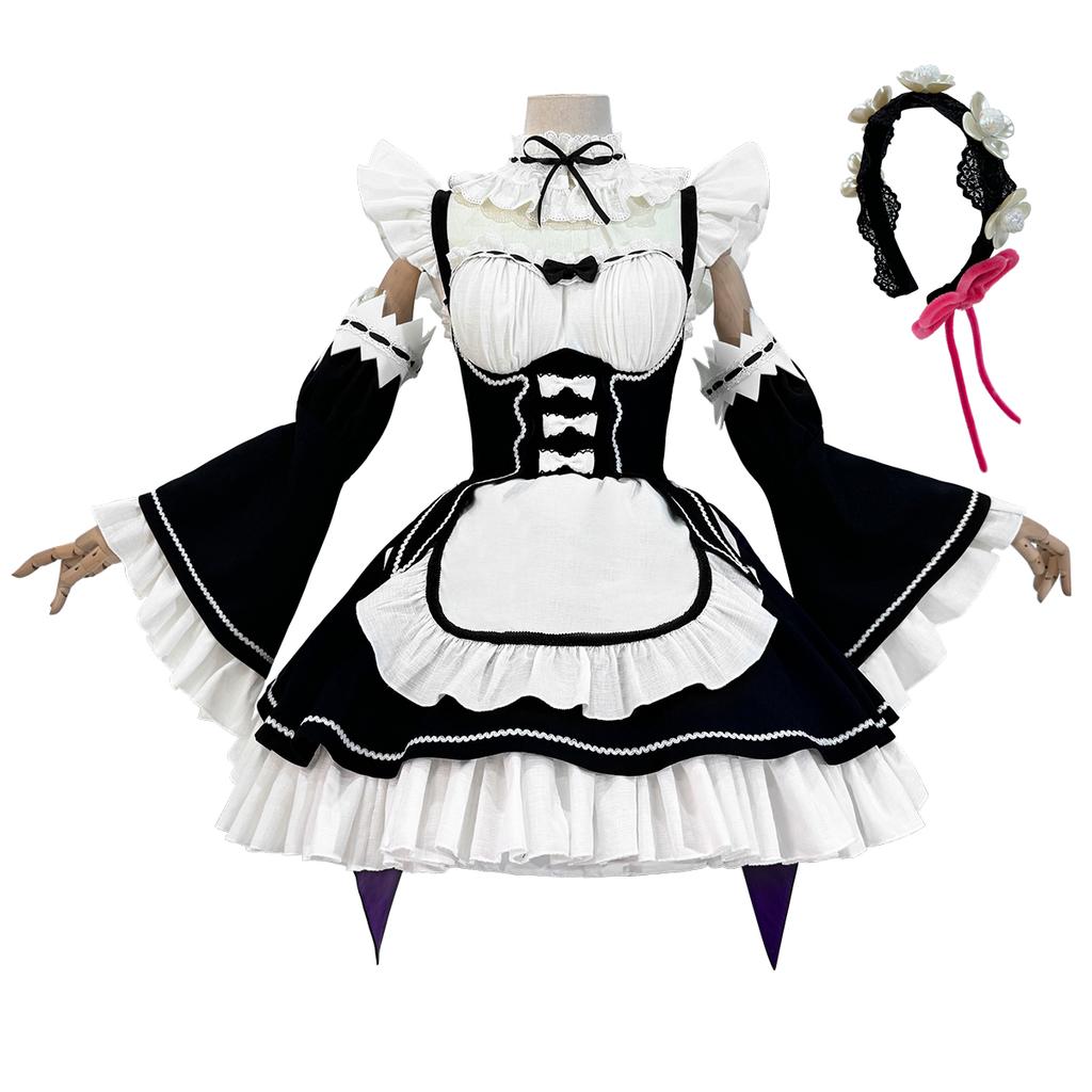 HOLOUN Zero Anime Rem Kostium Cosplay Peruka Lolita Sukienka Lokajki Czarno-Biały Halloween Boże Narodzenie