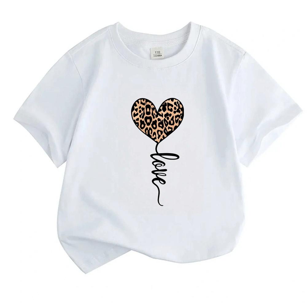 Kids Boys Girls 100% Cotton Crew Neck Short Sleeve T-Shirt, Cute Leopard Print Heart Balloon Casual Summer Tee Tops for Children Daily Wear