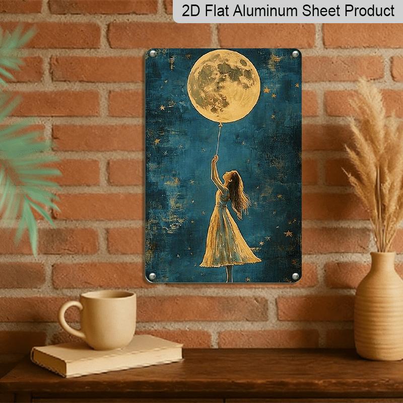 2D Flat 8X12 Inch Metal Wall Art Featuring A Dreamy Night Sky with A Golden Full Moon and A Girl Reaching for A Balloon. This Aluminium Plaque Is