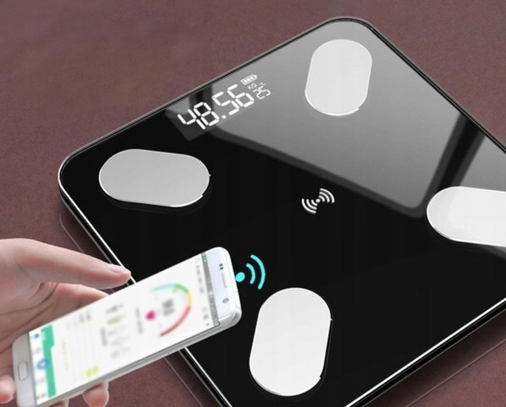 Intelligente Bluetooth Analyse-Badezimmerwaage, Schwarz + 150cm Maßband