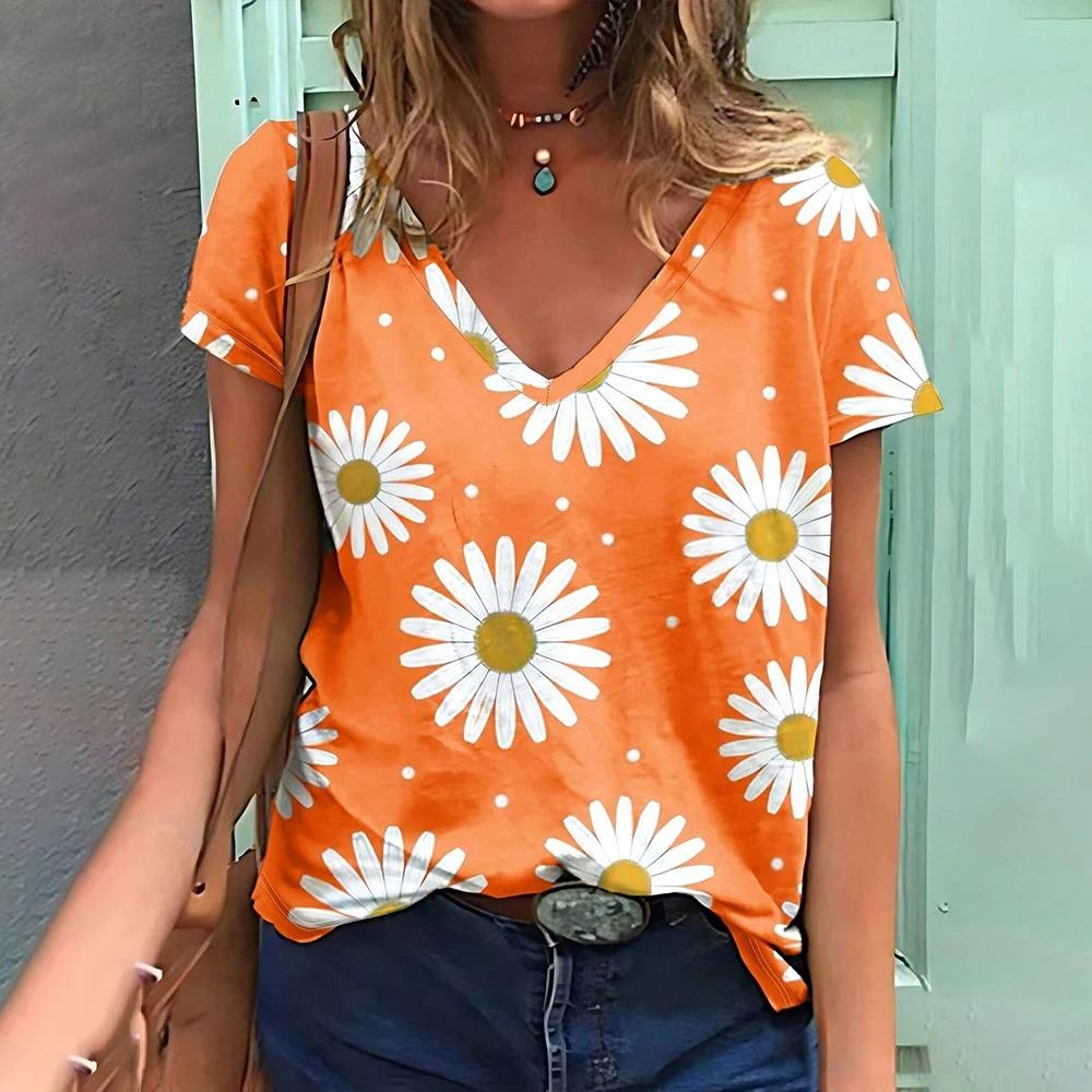 

Летняя женская модная футболка с принтом в виде ромашки и цветка, топы с V-образным вырезом, футболки, женская повседневная одежда с коротким рукавом, женская винтажная уличная одежда 6XL