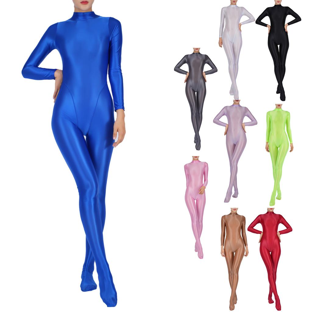 Women's Shiny Oil Glossy Body Stocking One Piece Smooth Stretchy Back Zipper Full Bodysuits