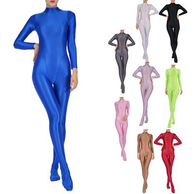 Sexy Women's Oil Shiny Bodycon Full Jumpsuit Rompers Long Sleeve Footed Unitard Nightwear