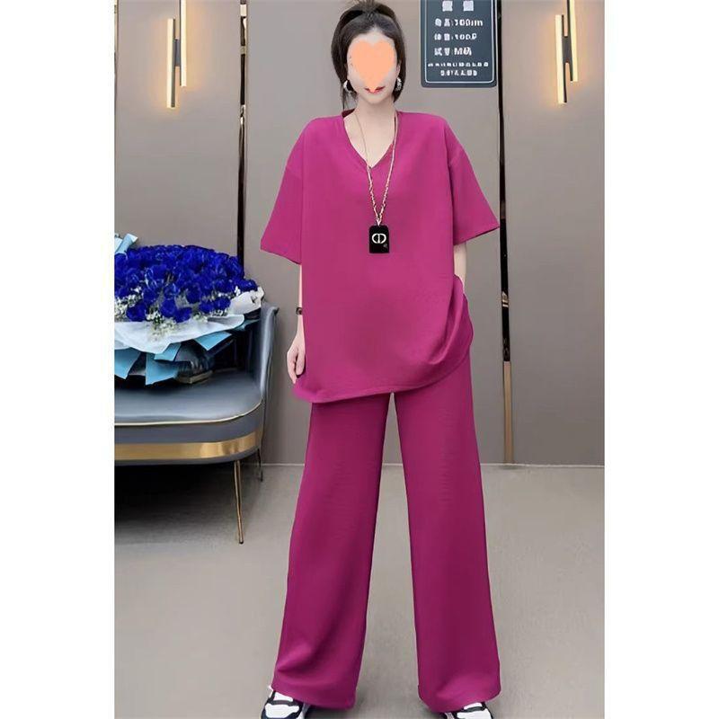 Fashionable Slimming-down Short-sleeved Set with Loose and Casual Sports Pants for Two Pieces