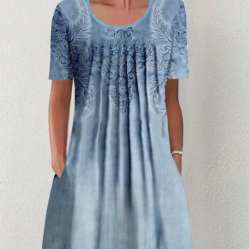Spring and Summer Floral Print Crew Neck Pocket Women's Fashion Casual Crew Neck Trend Print Medium and Long Dress