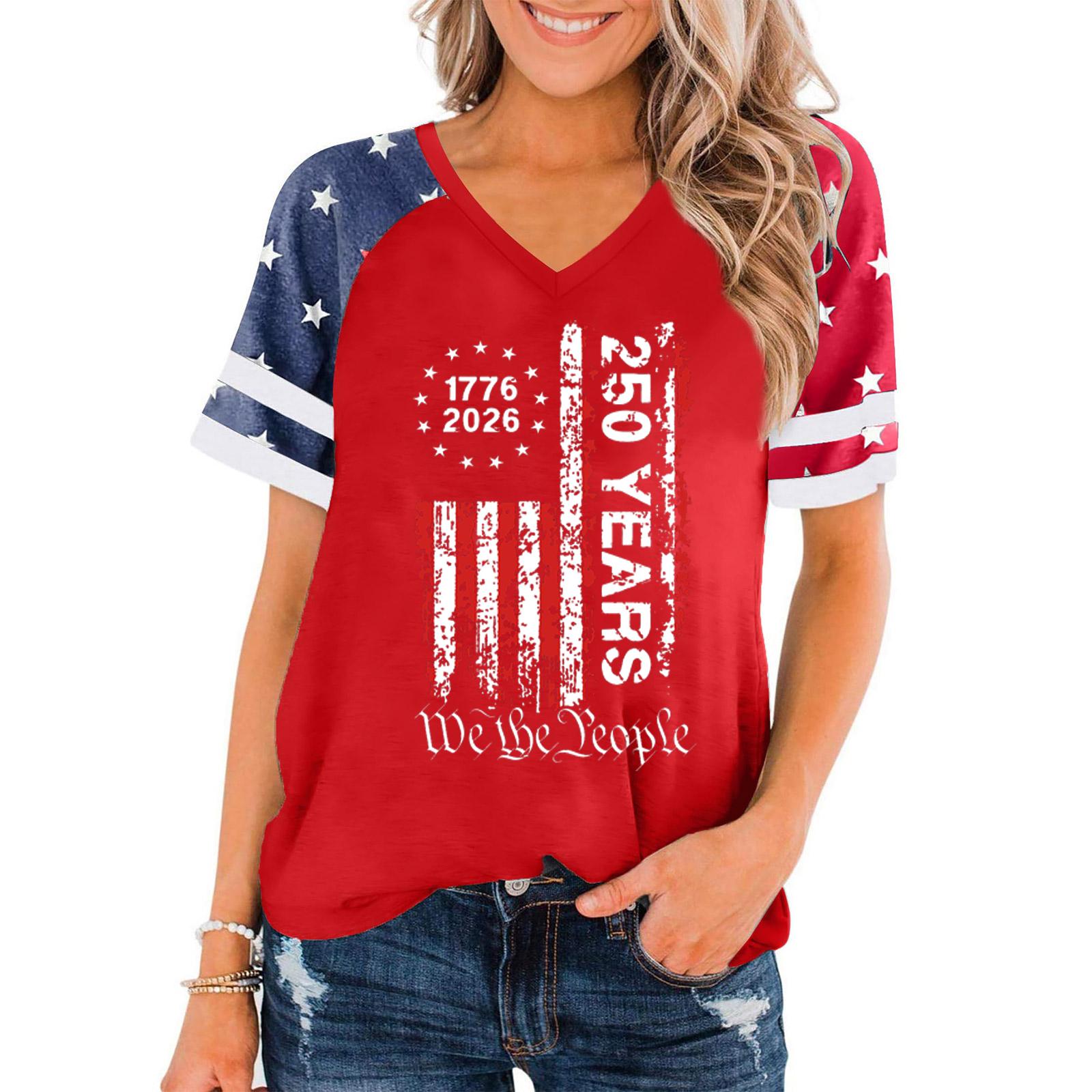 

Women s Casual V Neck Pullover Short Sleeve T Shirt 250 Years of Freedom Graphic Print Independence Day Top M червоний