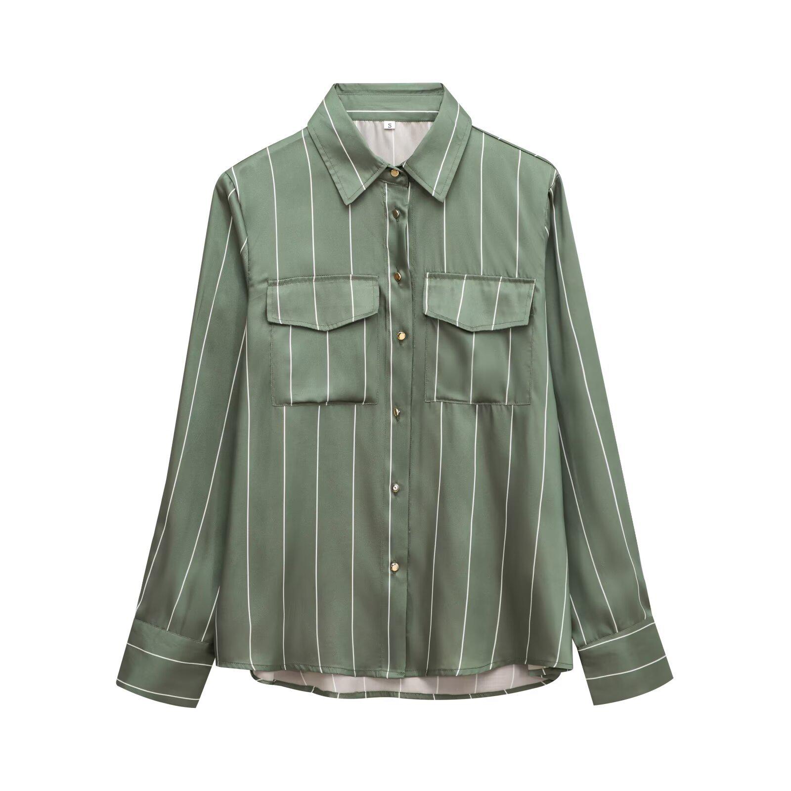 

2024 Winter Women s European and American Striped Silk Satin Shirt Medium зелёный