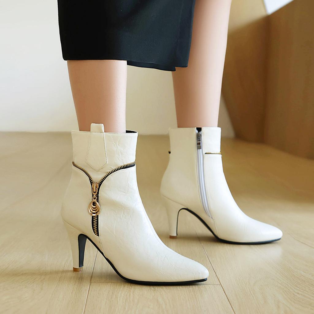 Wind Kurzstiefel Spitze Seitenreißverschluss Dünner Absatz Hoher Absatz Damenstiefel Große Größen 34-47