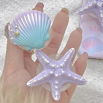 Suporte de Telefone Tok Dobrável Elástico com Anel de Dedo Estrela do Mar Concha 3D Gradiente Fofo Coreano Para iphone 15 14