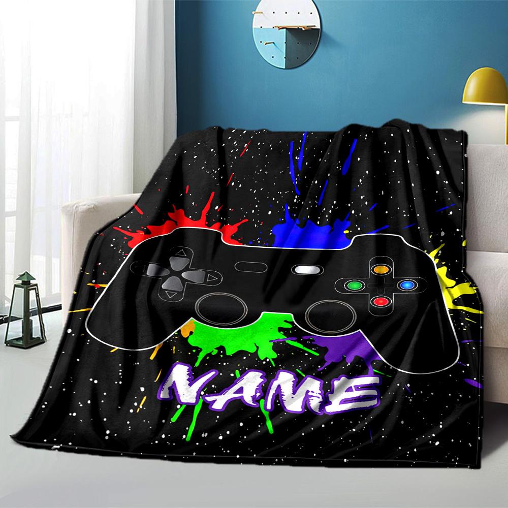 Vibrant Gaming Controller With Splash Art And Custom Name Throw Blanket Name Soft Warm Cozy Throw For Sofa Couch Office Bed Picnics Four Seasons