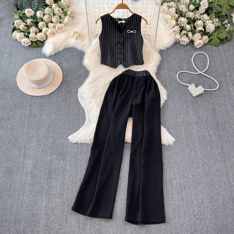 

Women s Summer Vest Draping Effect Straight Wide Leg Pants Suit Black Tops + Black pants S