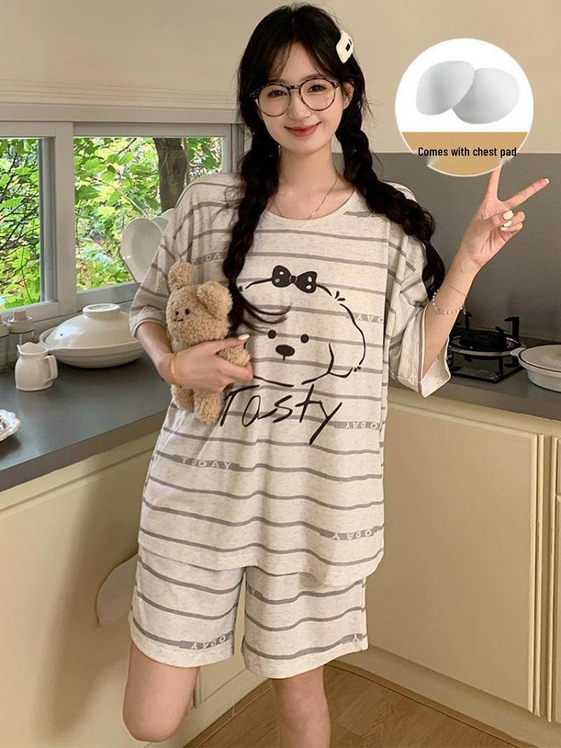 

Women s Short-Sleeve Pullover Pajama Set with Built-in Bra, Cute Korean Style Loungewear, Cloud Cotton Round Neck Size M-L