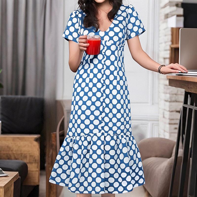 

ZANZEA Женское повседневное летнее платье с коротким рукавом и принтом в горошек, с подолом «рыбий хвост» 4XL синий