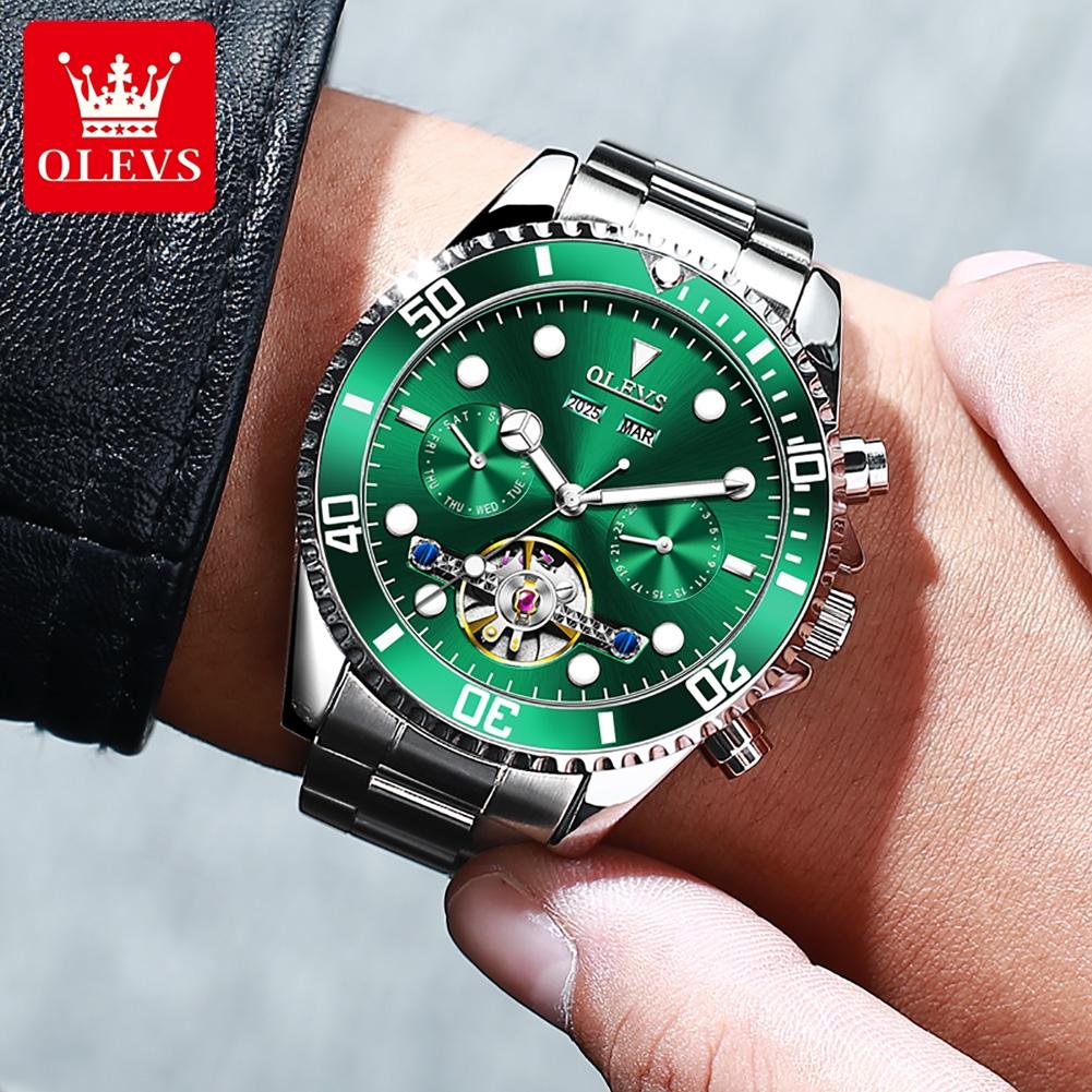 OLEVS 6605 Classic Original Mechanical Wristwatches For Man Skeleton Flywheel Calendar Business Automatic Men's Watch