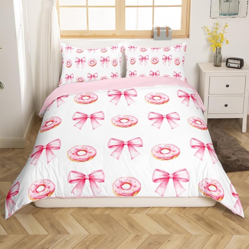 Cartoon pink bow princess bedding set, girls' bedroom decoration pink and white duvet cover, 2 pillowcases