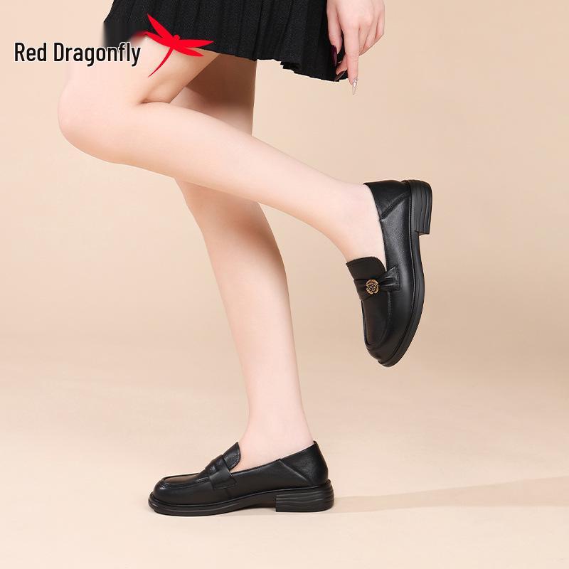 Red Dragonfly Women's Thick-Soled Leather Loafers - British Style Casual Shoes for Spring and Autumn.