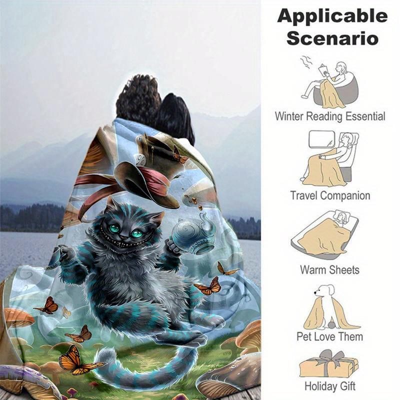 1pc, Wonderland Cheshire Cat Plush Blanket - Perfect for All Seasons, Home Decor, Soft Flannel Throw Blanket - Versatile & Cozy for Bedroom,