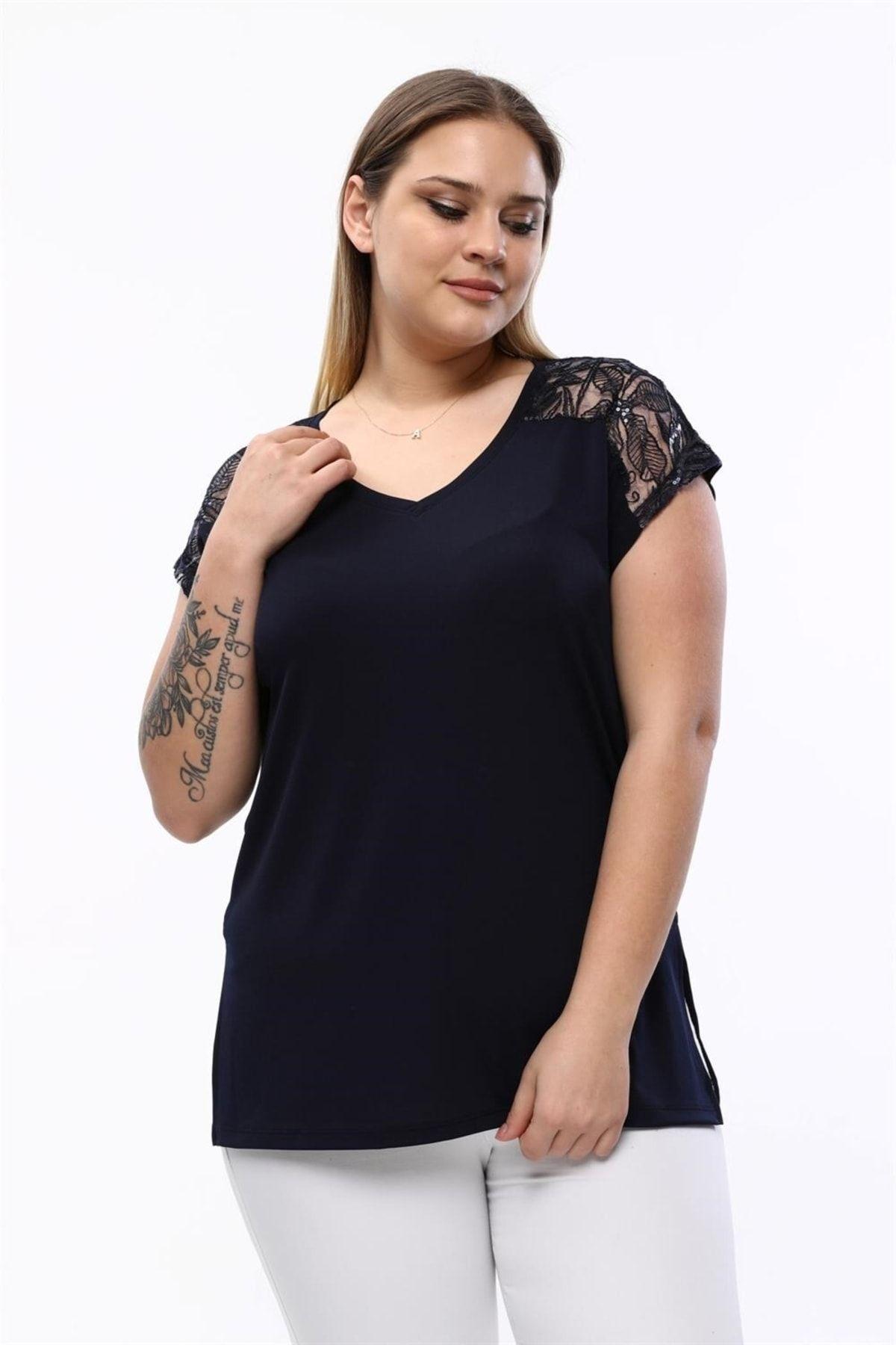 

Women s Big Size Blouse V-Neck Shoulder Sequin Embroidered Blouse-Navy Blue 2XL
