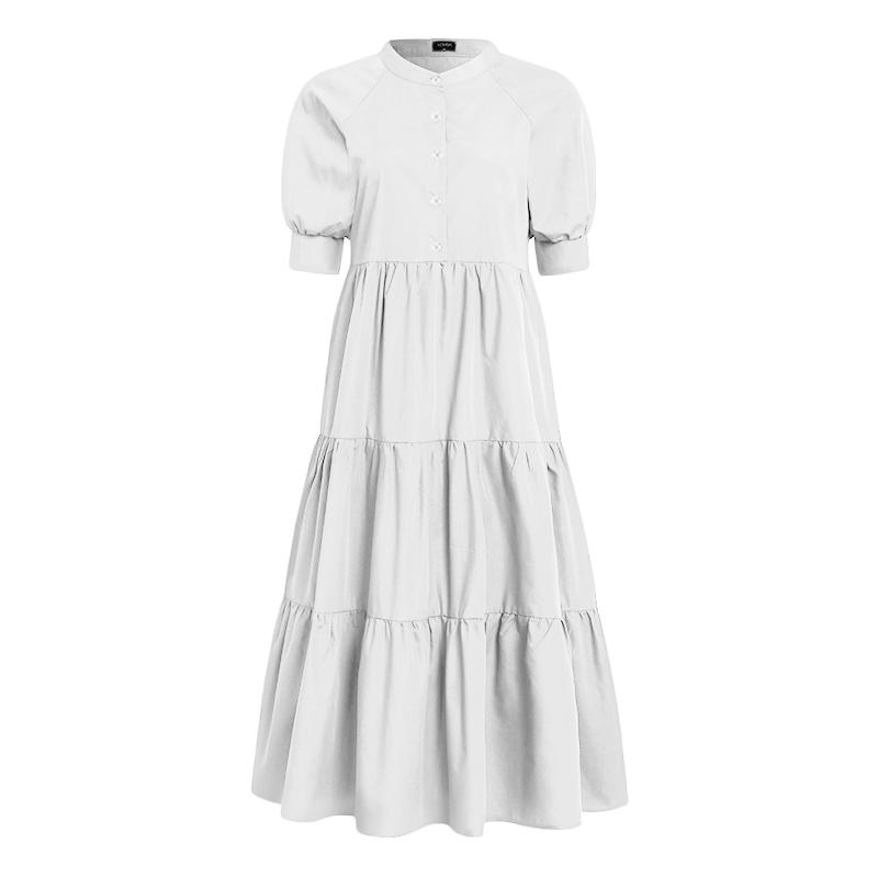 VONDA Summer Women's Ruffled Long Dress Puff Short Sleeve Button Down Solid Color Casual Loose Maxi Dresses Plus Size