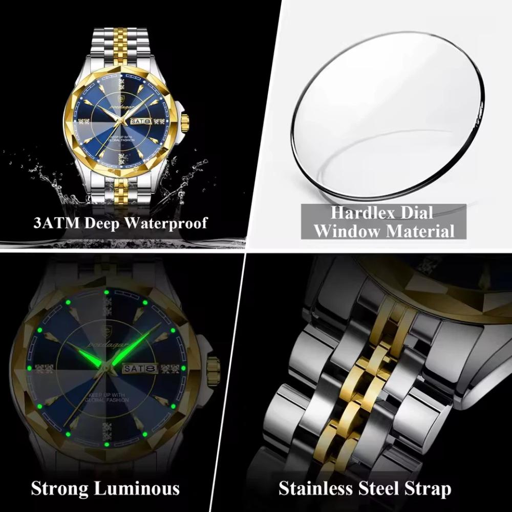 POEDAGAR Top Fashion Man Clock Business Waterproof Luminous Date Week Wristwatch Quartz Stainless Steel Casual Watches