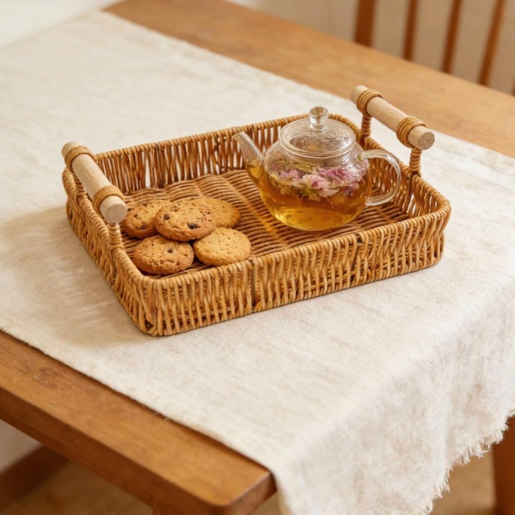 Cesta de Armazenamento com Bandeja Trançada Porta Frutas e Vegetais Organizador de Bancada para Cosméticos Bebidas Frutas Café da Manhã Organização Doméstica