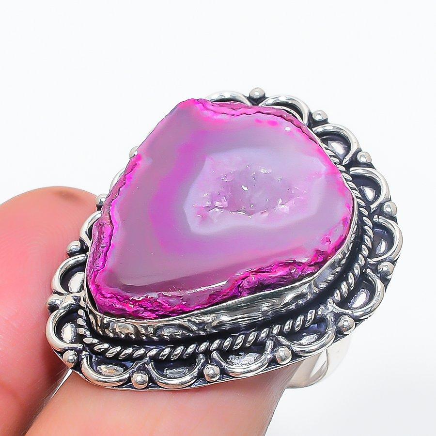 

Кольцо из серебра 925 пробы с натуральным розовым срезом из драгоценного камня друзы, размер 8,5 T1W75