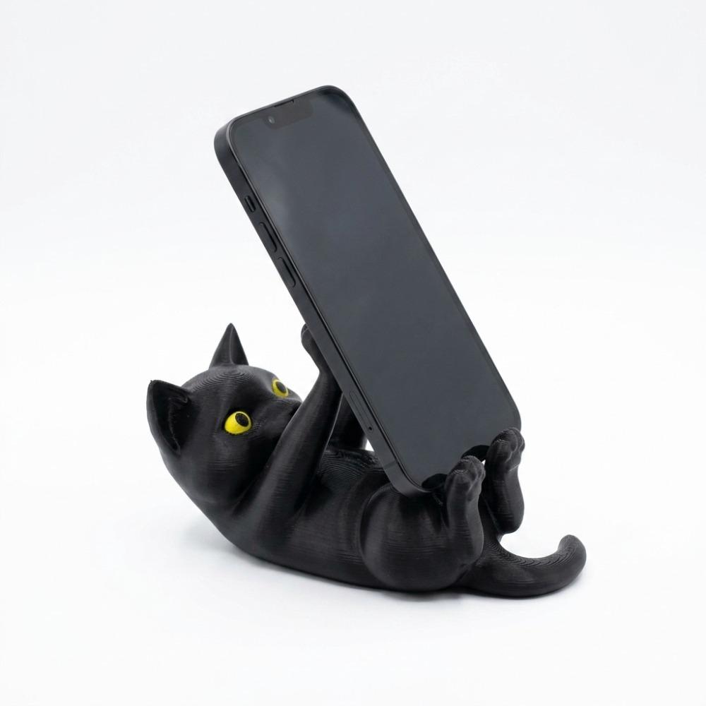 Cute Kitten‑Shaped Desktop Phone Holder 1Pc, 3D Printed Reclining Black Cat Design, Aesthetic Animal Smartphone Stand