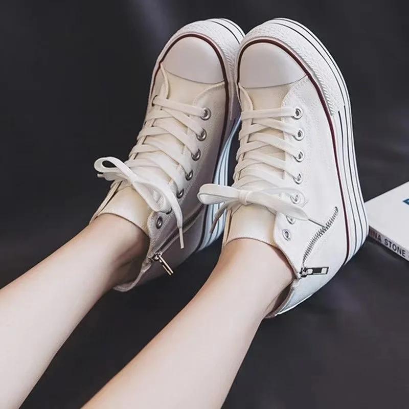 fashion Women's Canvas Shoes Inner Height Increase 2024 Summer Autumn New Style Zipper Skateboard Shoes Versatile Thick Bottom Clog