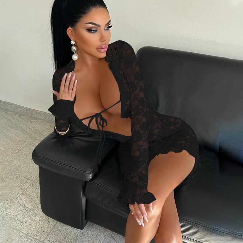 Women Solid Color Long Sleeve Sexy Lace Sheer Deep V High Waist Bodycon Mini Dress
