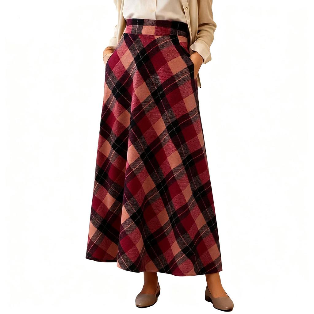 Women's Retro Plaid Maxi Skirt, High-Waisted, Fashionable Casual A-Line Pleated Plaid Floor-Length Skirt
