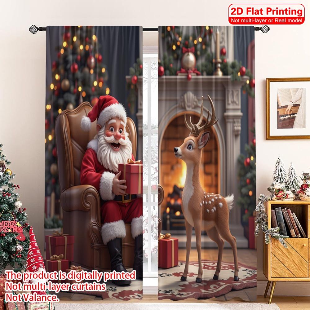 2pcs 2D Flat Printing Merry Christmas Curtain Santa Claus Deer Christmas Fireplace Fabric Without Electricity Festive Wall Decor