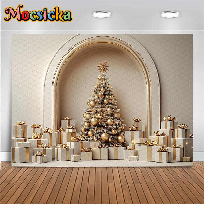 Mocsicka Weihnachtsbaum Kulisse für Fotografie Beige Wand Tür Geschenk Baby Aufnahme Requisiten Dekoration Hintergrund Studio Photocall