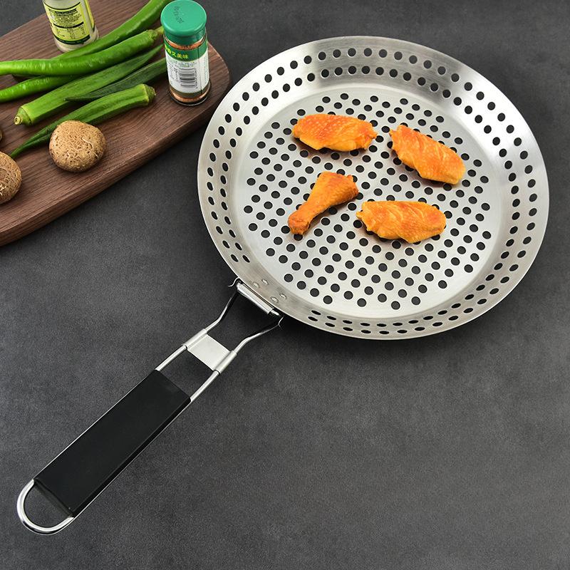 Stainless Steel BBQ Grill Pan , Round Perforated Grilling Basket with Handle, Outdoor Grill Topper for Vegetables, Meat, Pizza
