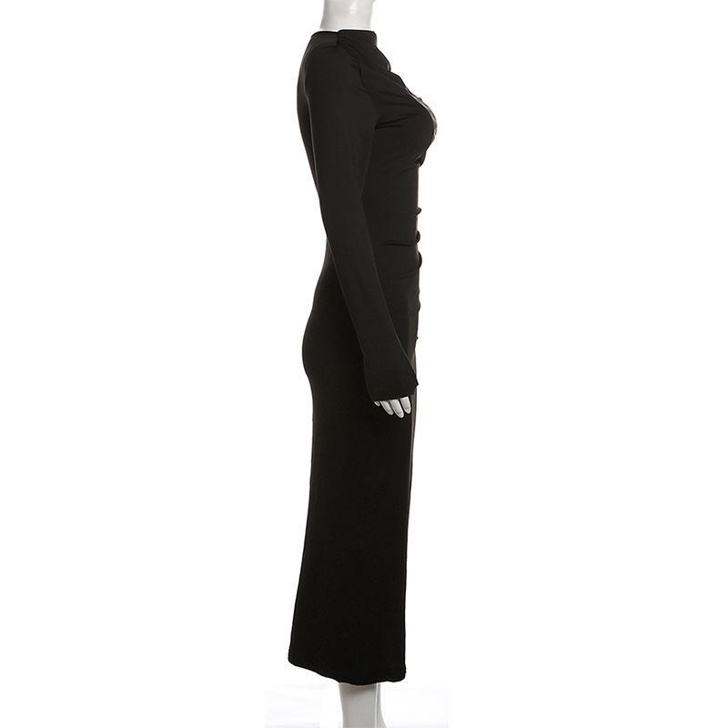 New Women's Round Neck Long Sleeved Bodycon Dresses Tight Casual Solid Color Wrap Long Dress Clothing