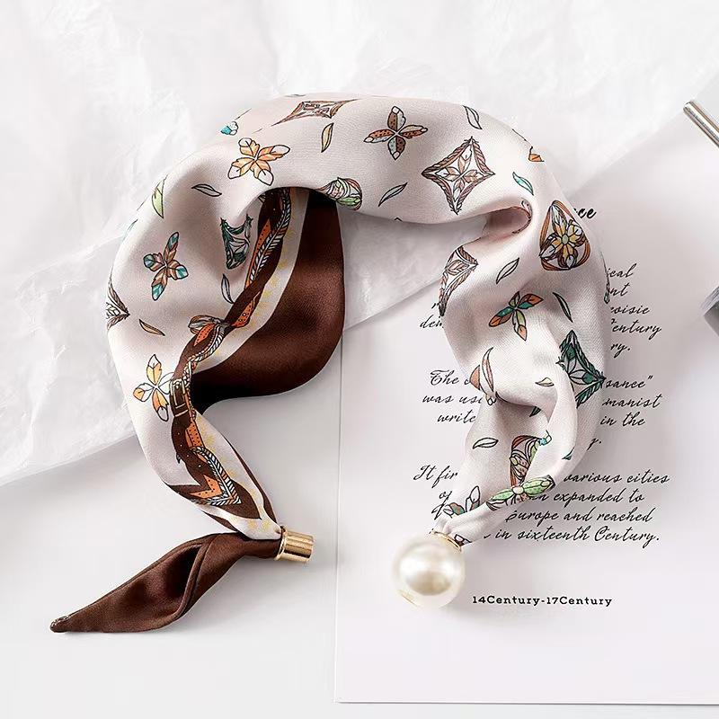 Frühling Sommer Dünne Perlen Seiden Schals Magnetischer Verschluss Fauler Schal Damen Mädchen Süß Elegant Anhänger Schlüsselbein Kette Halstuch