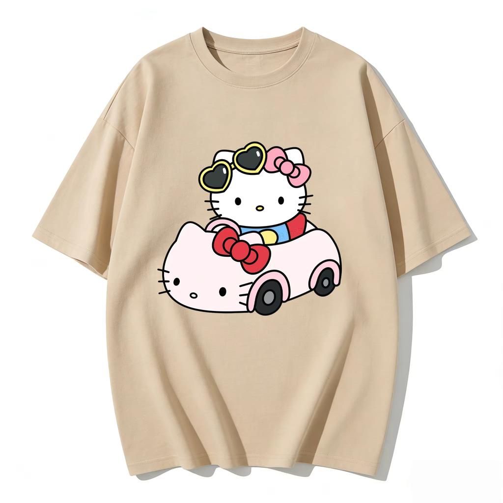 2026 New Summer HelloKitty Cute Graphic Tee Casual Short Sleeve Cotton Top for Women Girls Kawaii Cartoon Print Streetwear