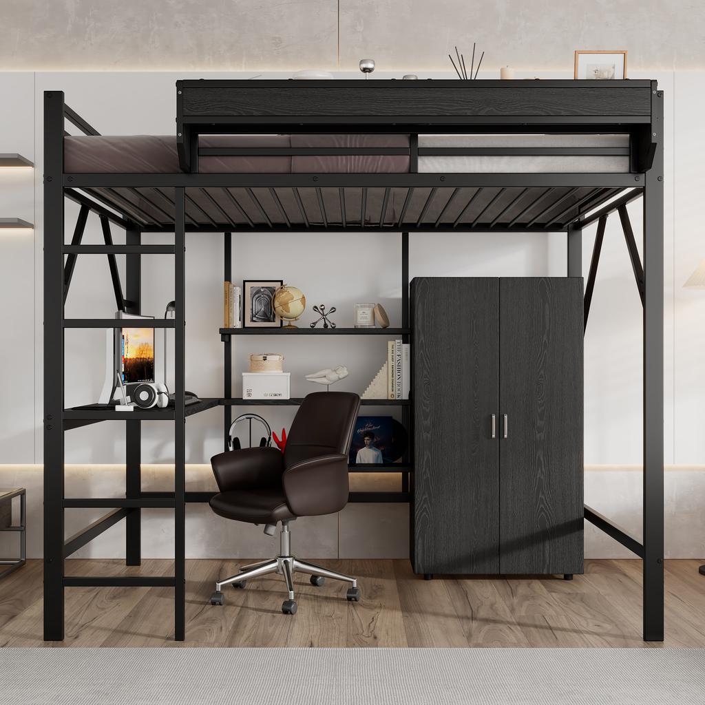 Letto in Ferro, Letto a Soppalco, Doppio Strato di Stoccaggio Sotto la Scrivania, Letto Superiore con Stoccaggio, Con Armadio, Ferro + MDF, Nero, 140x200cm