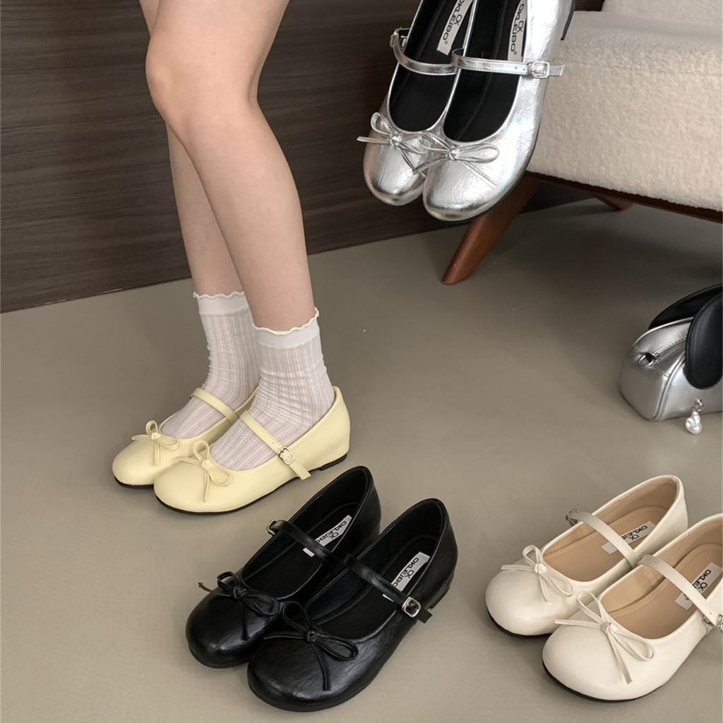 Inner height increase silver bow Mary Jane single shoes women's shoes 2025 new popular fairy style ballet shoes