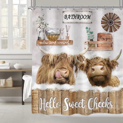 Imirell Funny Highland Cow Shower Curtain 60Wx72H Inches Rustic Farmhouse Bull Animal Wooden Board Country Western Wildlife Plan
