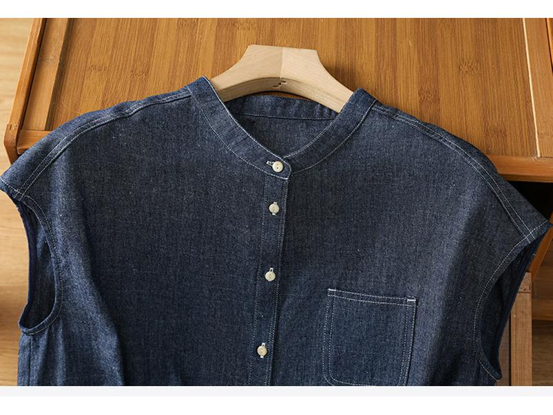 2025 Damen Retro Blau Denim Ärmelloses Sommerhemd