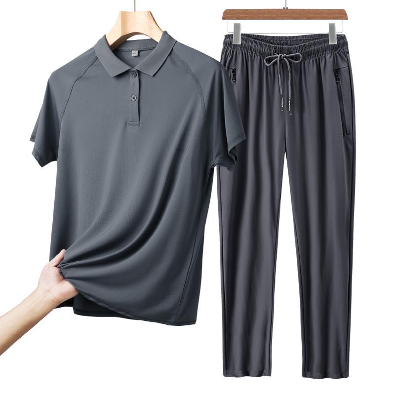 Men's Ice Silk Sports Suit - Comfortable Summer Casual Short Sleeve for Dad, Middle-aged, and Elderly.