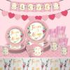 Pink Valentine'S Day Themed Party Set Flower Paper Plate Paper Cup Tablecloth Flag Wedding Arrangement