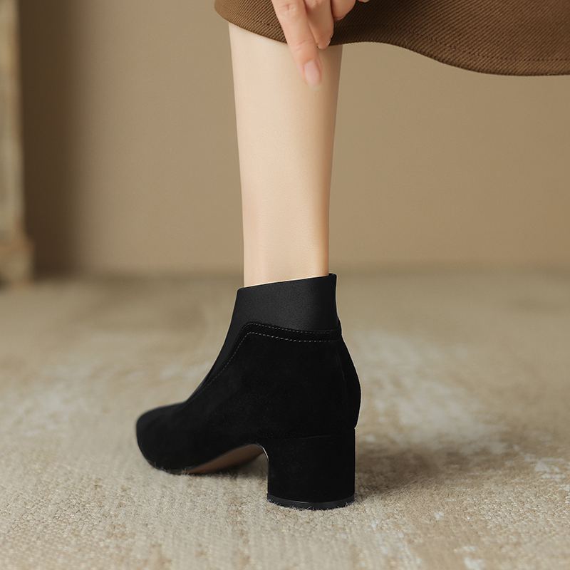 Krazing Pot Cow Leather Sheep Suede Winter Pointed Toe Med Heels Modern Boots Women Slip On Ankle Boots